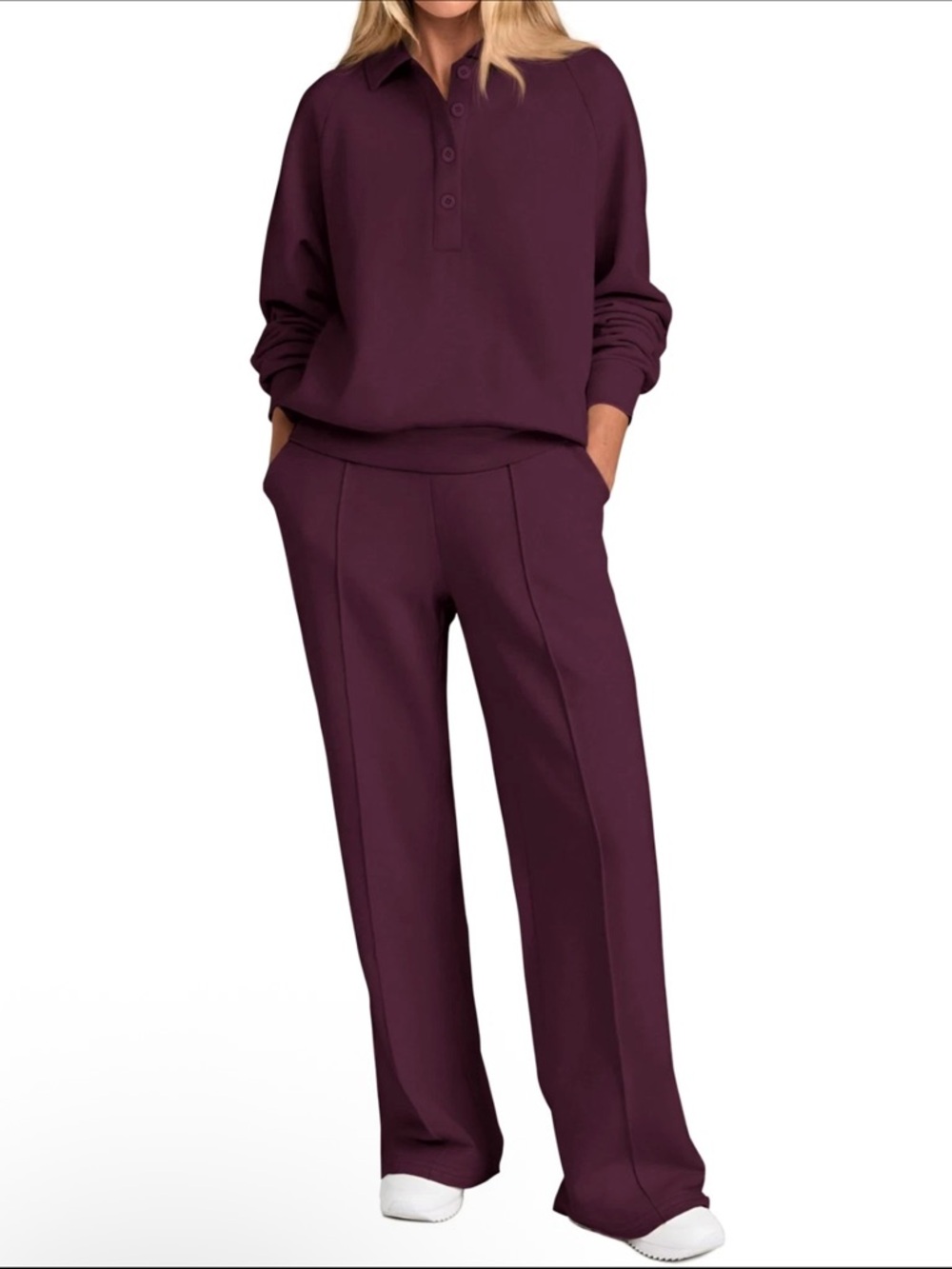 PRETTYGARDEN Women 2Piece Outfit Sweatsuits Quarter Button Long Sleeve Dark Red